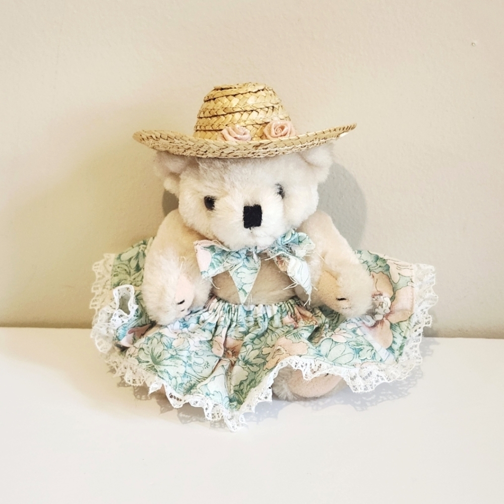 *4 for $30* Vintage Charming Mini Teddy Bear in Floral Dress and Straw Hat